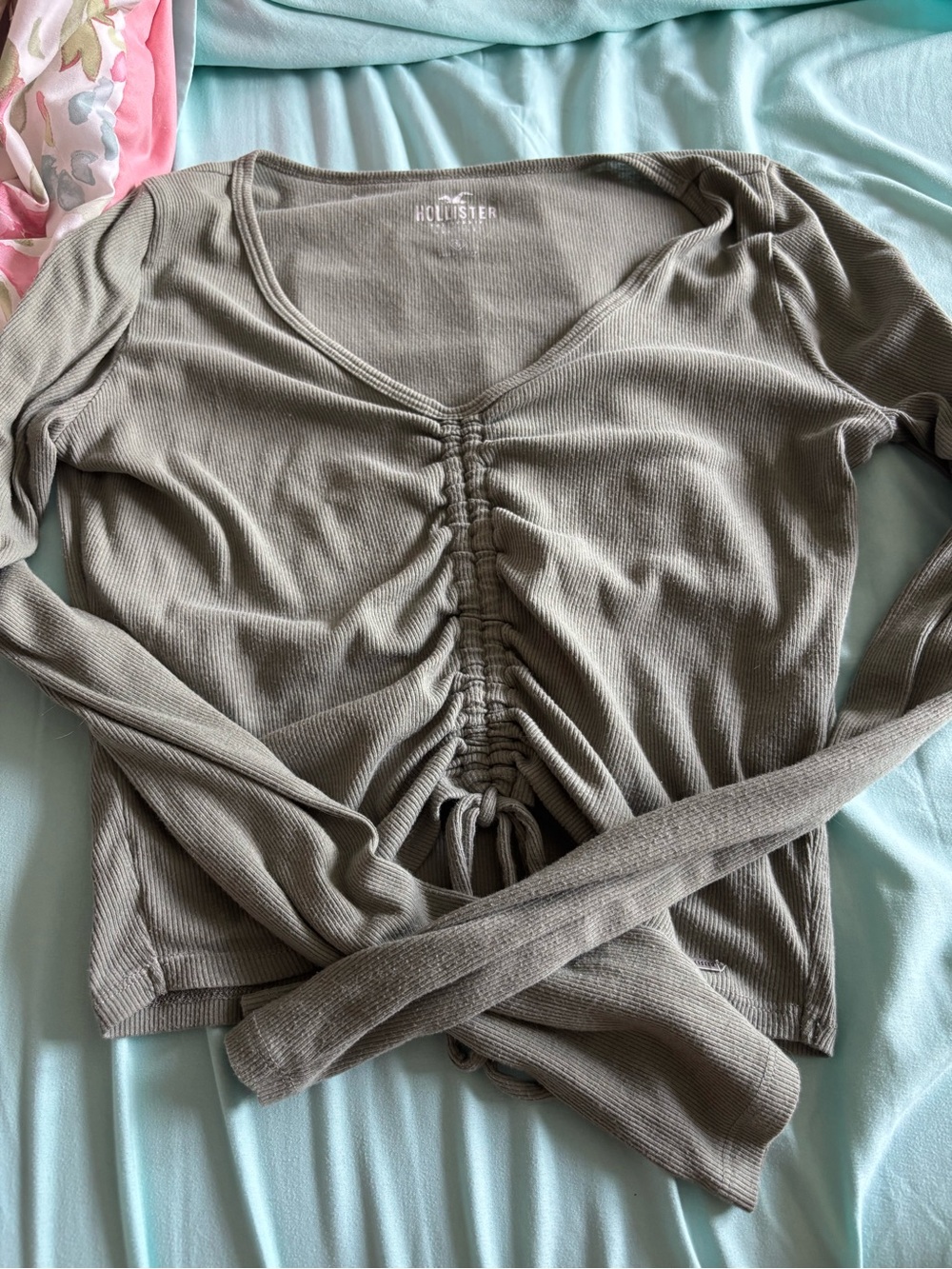 Hollister Olive Ruched Front Long-Sleeve Crop Top
